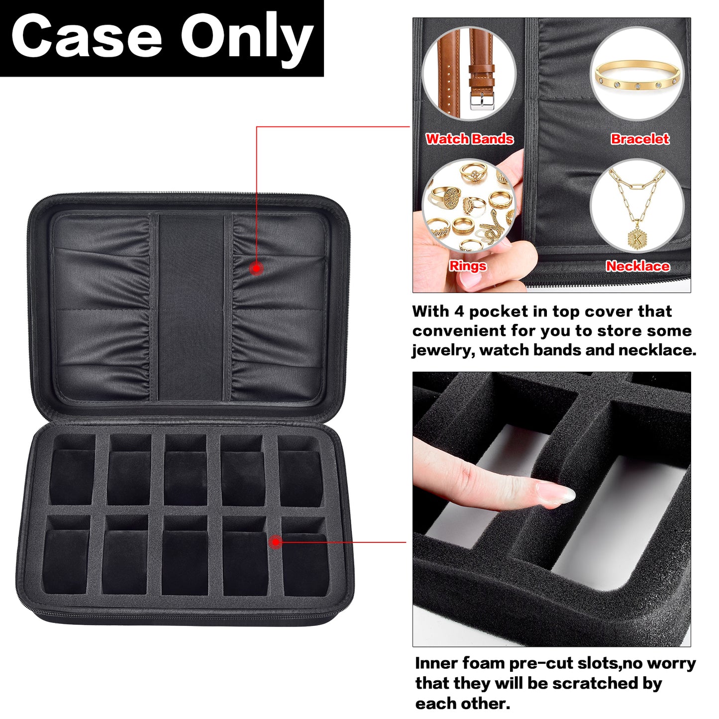 Watch Box Organizer Case, 10 Slots Men Women Display Holder Storage Stand Roll for All Wristwatches, Digital Sports, Smartwatches 42mm, Accessories Pocket for Watch Bands, Cufflink, Jewelry (Bag Only)